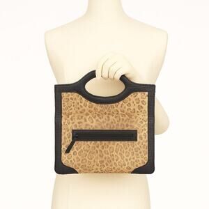 Donald J Pliner Couture Leopard Print Handbag Croc Embossed Leather Trim Italy